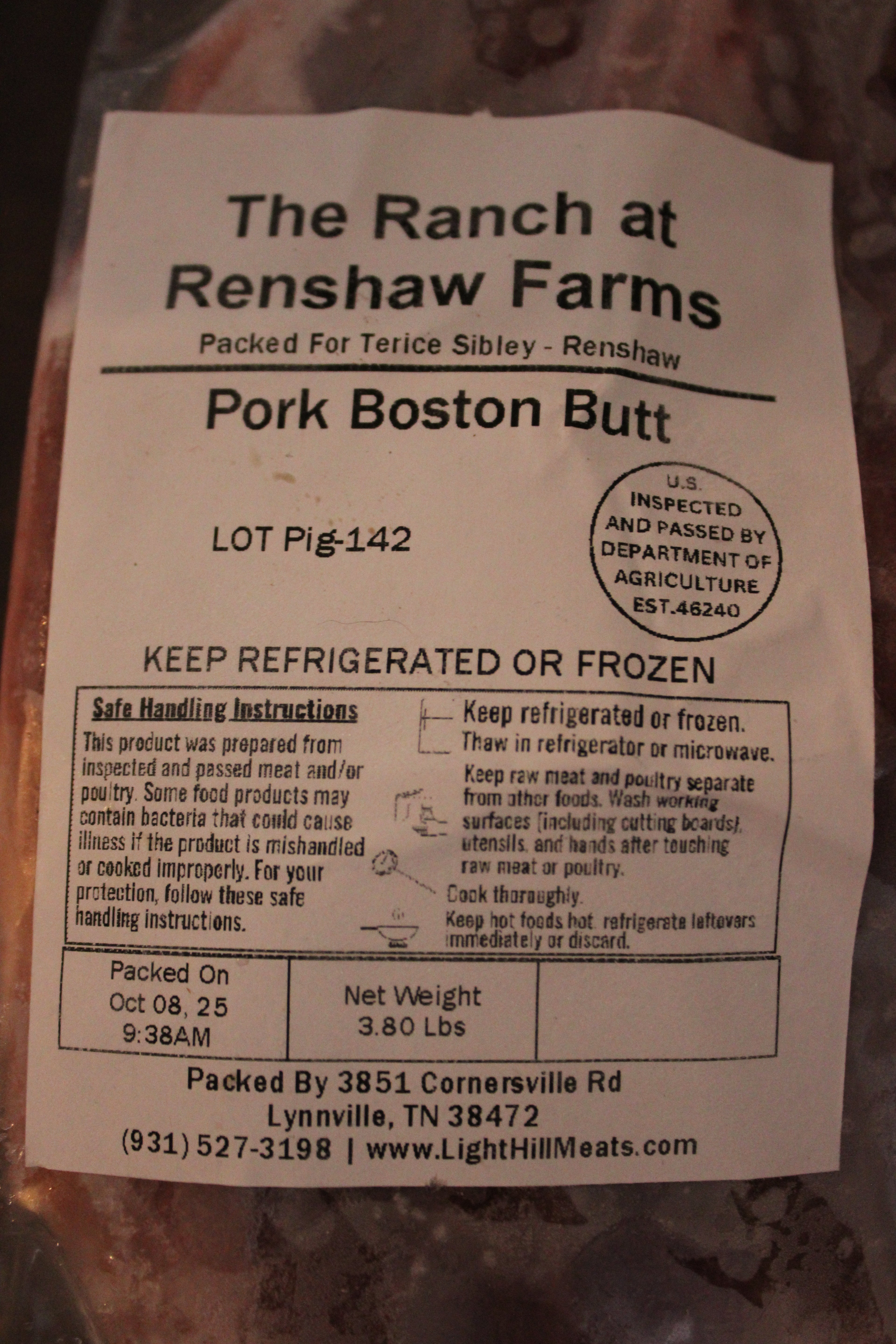 Renshaw Farms Pork Boston Butt (BBQ Cut, Farm Fresh)